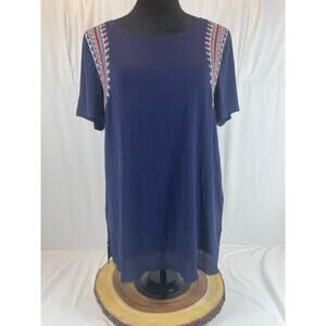 Jodifl Geometric Embroidered Sheer Frayed Hem Boho Peasant Navy Blue Tee Top L
